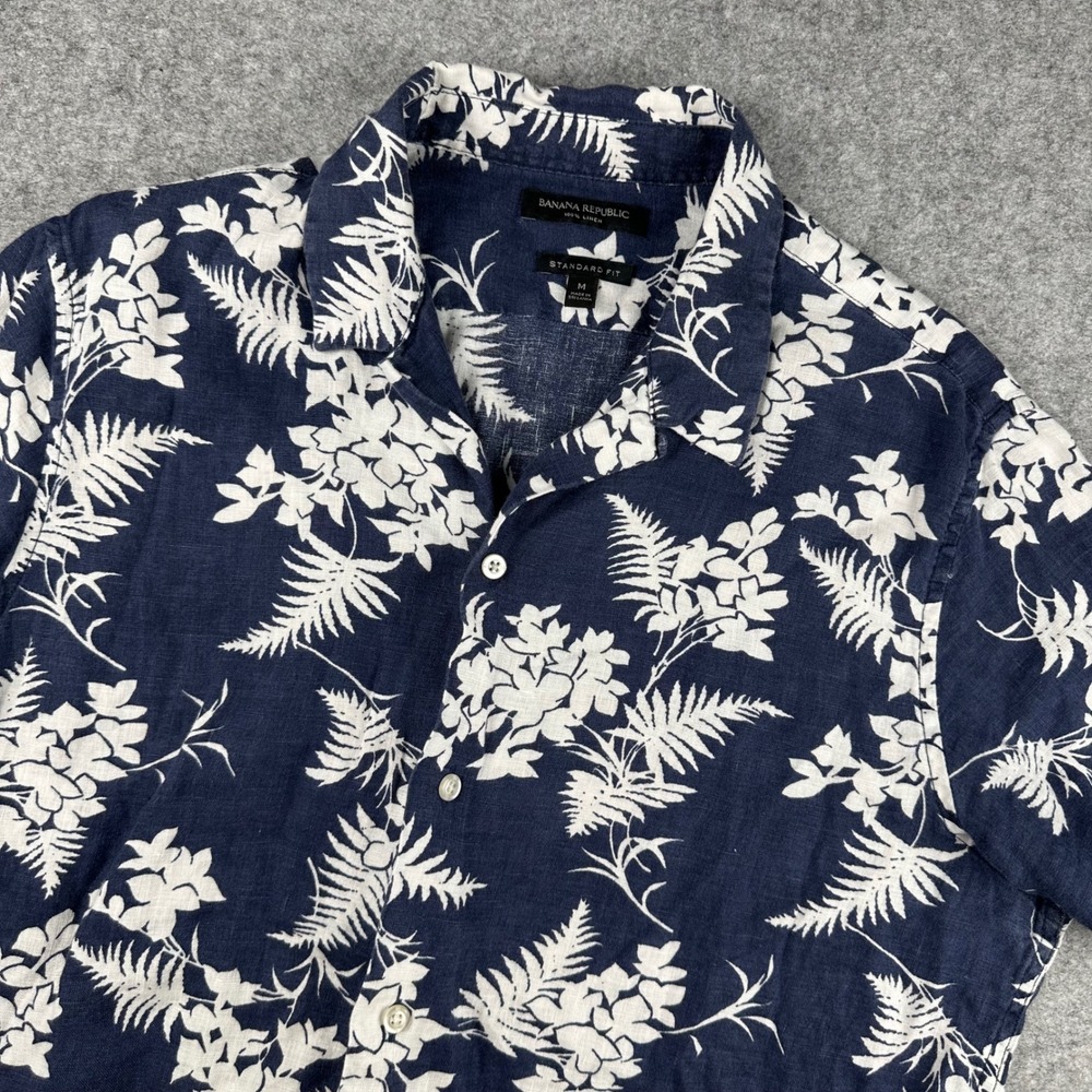 Banana Republic Mens Medium Navy Blue White Floral Fern 100% Linen Camp Shirt
